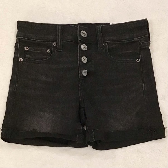 American Eagle 0 NWT Midi Denim Women’s Shorts Black Cuffed Button Fly Stretch - Picture 1 of 9